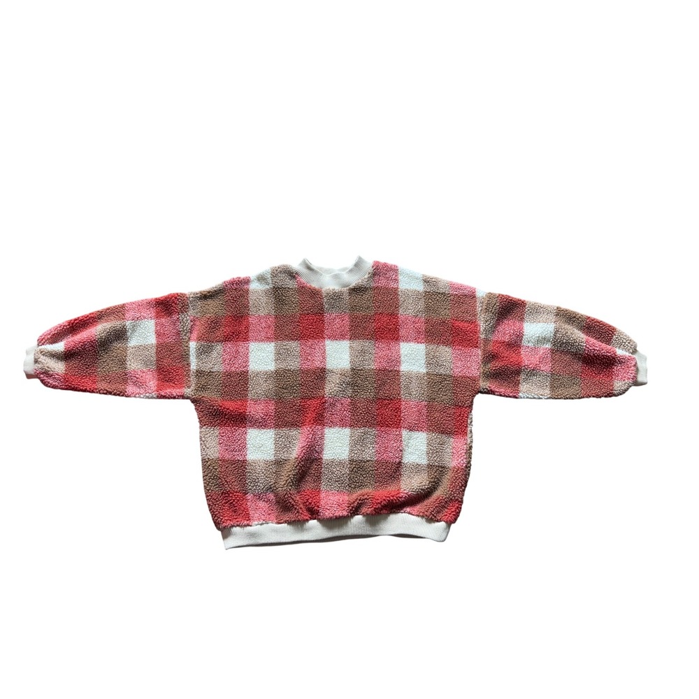 Simplee Womens Buffalo Plaid Teddy Fleece Sweatshirt Red Brown Sherpa Pullover L